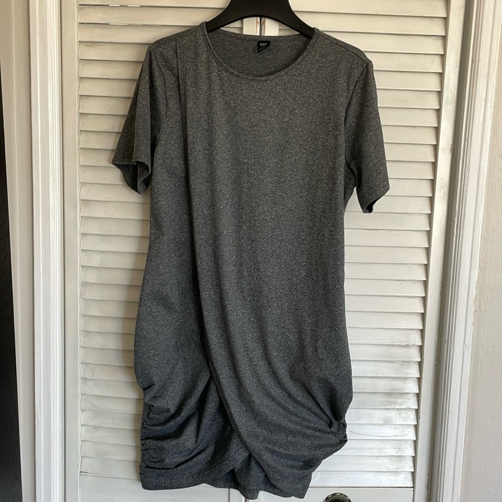 SHEIN Curve 1XL Dark Gray Faux Wrap Dress w/ Short Sleeves and Rouching at Hem - Picture 1 of 7